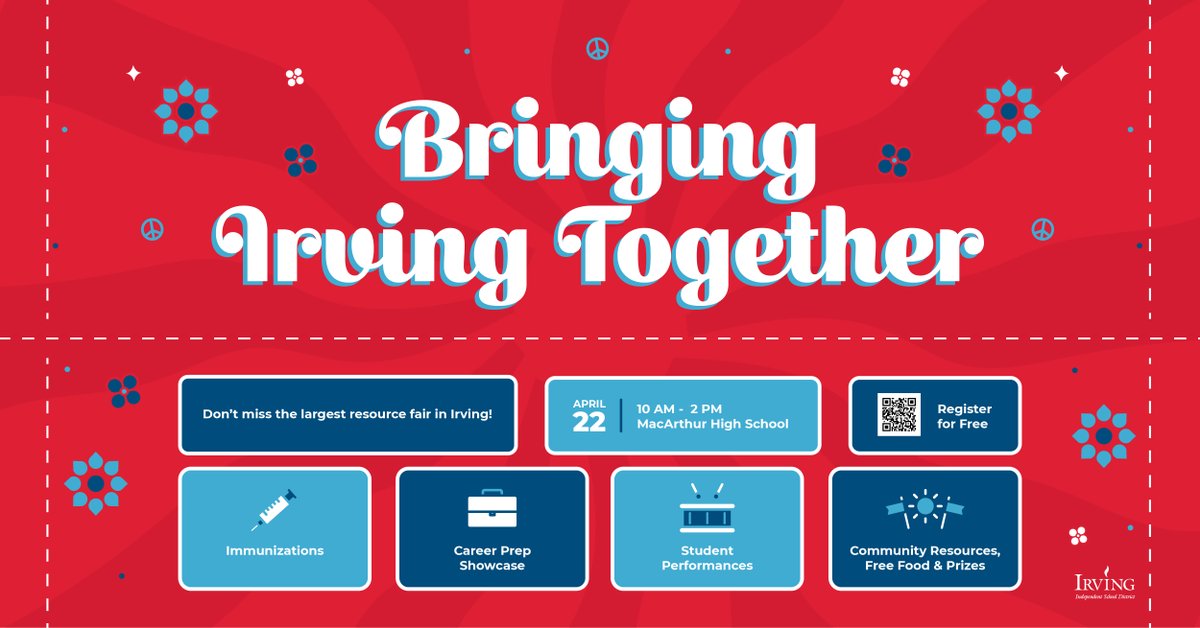 IrvingISD's tweet photo. ‼️Reminder‼️

Don't miss the largest resource fair in Irving! Join us for prizes, community resources, immunizations, a showcase of our career prep programs and student performances.

📆 Tomorrow, April 22
⏰ 10 AM - 2 PM
📌 MacArthur High School https://t.co/aqgNNnGA6m