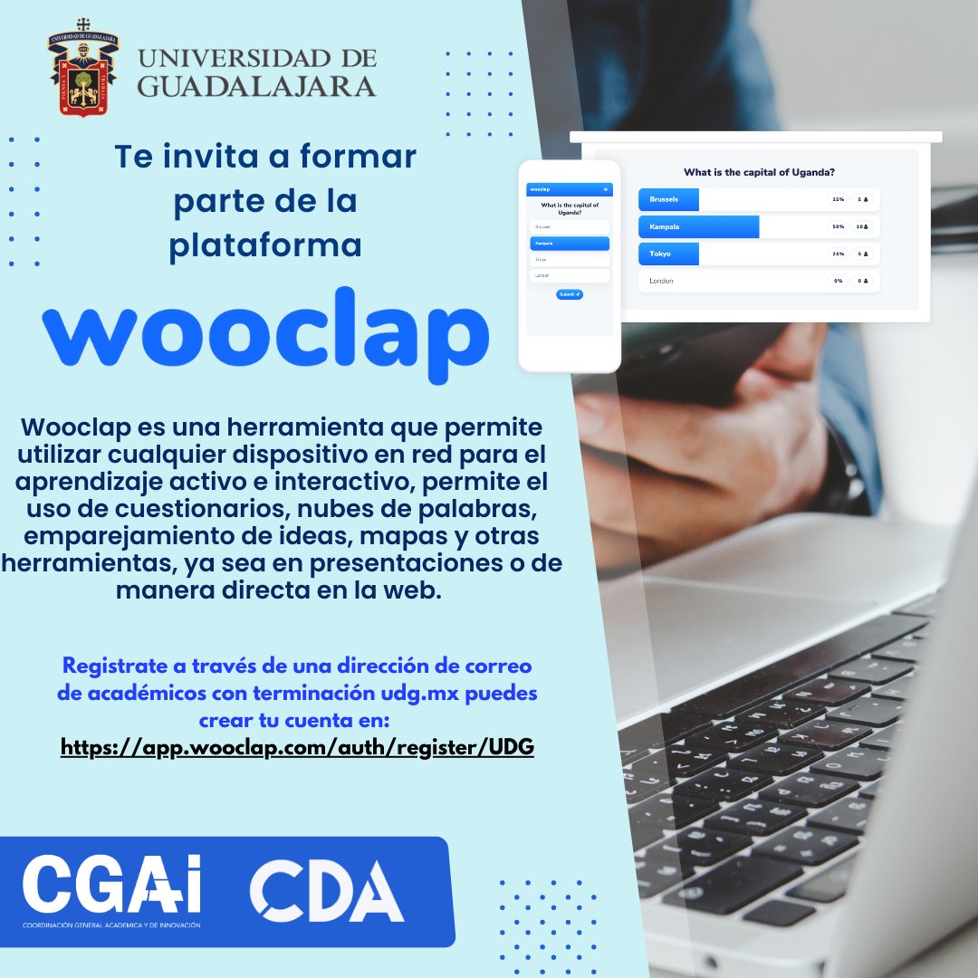 📢 ¡#AcadémicoUdeG!  

¿Ya tienes tu cuenta #Wooclap 🤔? Esta herramienta te permite usar cuestionarios, nubes de palabras, emparejamiento de ideas, mapas y otras herramienta para el aprendizaje activo e interactivo  

💻 app.wooclap.com/auth/register/…