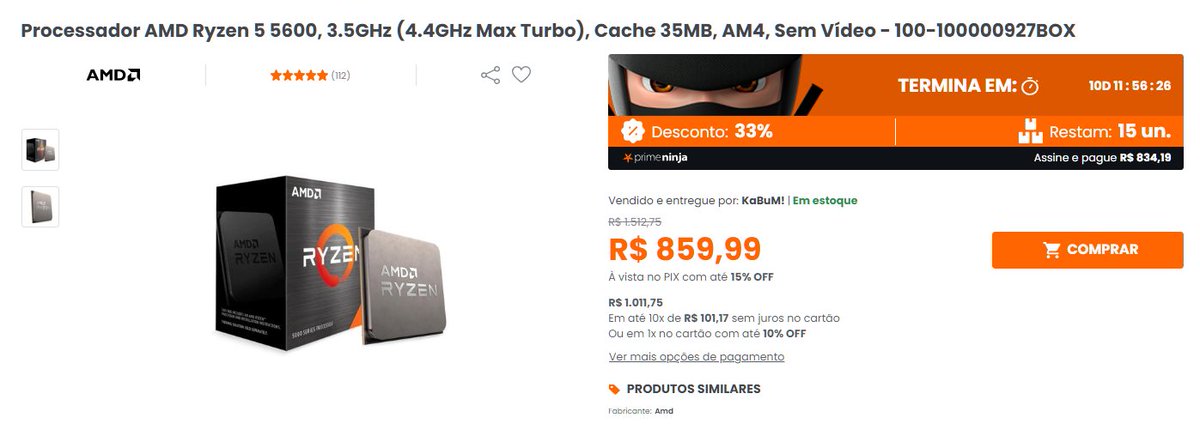 Alo, @PCFactsbr voltou seu cupom! AMD Ryzen 5 5600, 6-Core, SMT, AM4 R$ 859,99 (R$ 816,99 com o cupom PCFACTSHARDWARE) Avaliação: ⭐⭐⭐⭐⭐ Menor preço em 90 dias: R$ 799,99. Mediana do preço em 90 dias: R$ 849,00. Loja: KaBuM!. awin1.com/cread.php?awin…