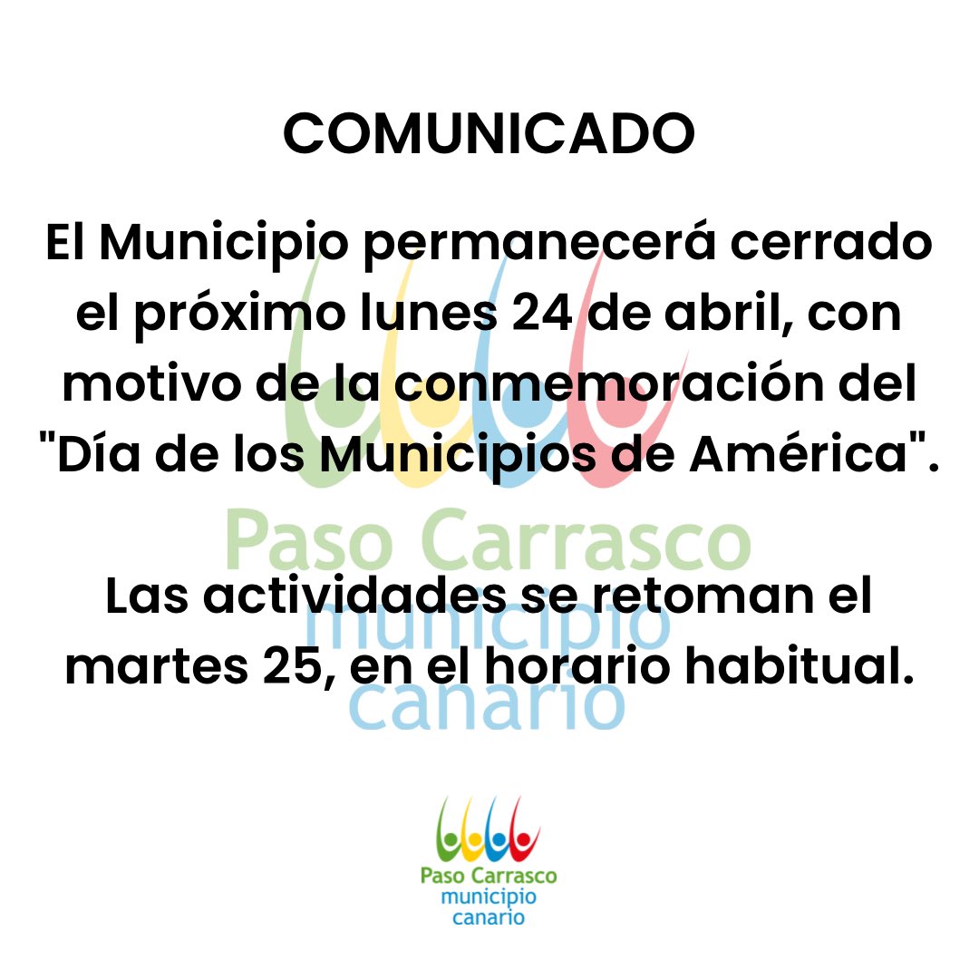 MunicipioPaso's tweet photo. 🟥 𝐎𝐟𝐢𝐜𝐢𝐧𝐚𝐬 𝐜𝐞𝐫𝐫𝐚𝐝𝐚𝐬

👉🏼 En el marco del Día de los Municipios de América, el próximo lunes 24/4  nuestras oficinas permanecerán cerradas.

Las actividades se retoman con normalidad el martes 25/4. https://t.co/SzWJghDB9B