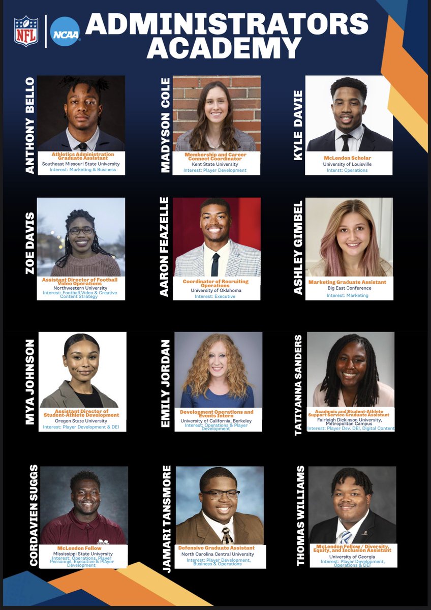 Super excited to share that I was selected to participate in the 2023 NFL/NCAA Administrators Academy!  🔥📝

Looking forward for to connecting with my cohort and learning more about the path to a football administration role at both the NCAA and NFL Level! #NCAALearnLead