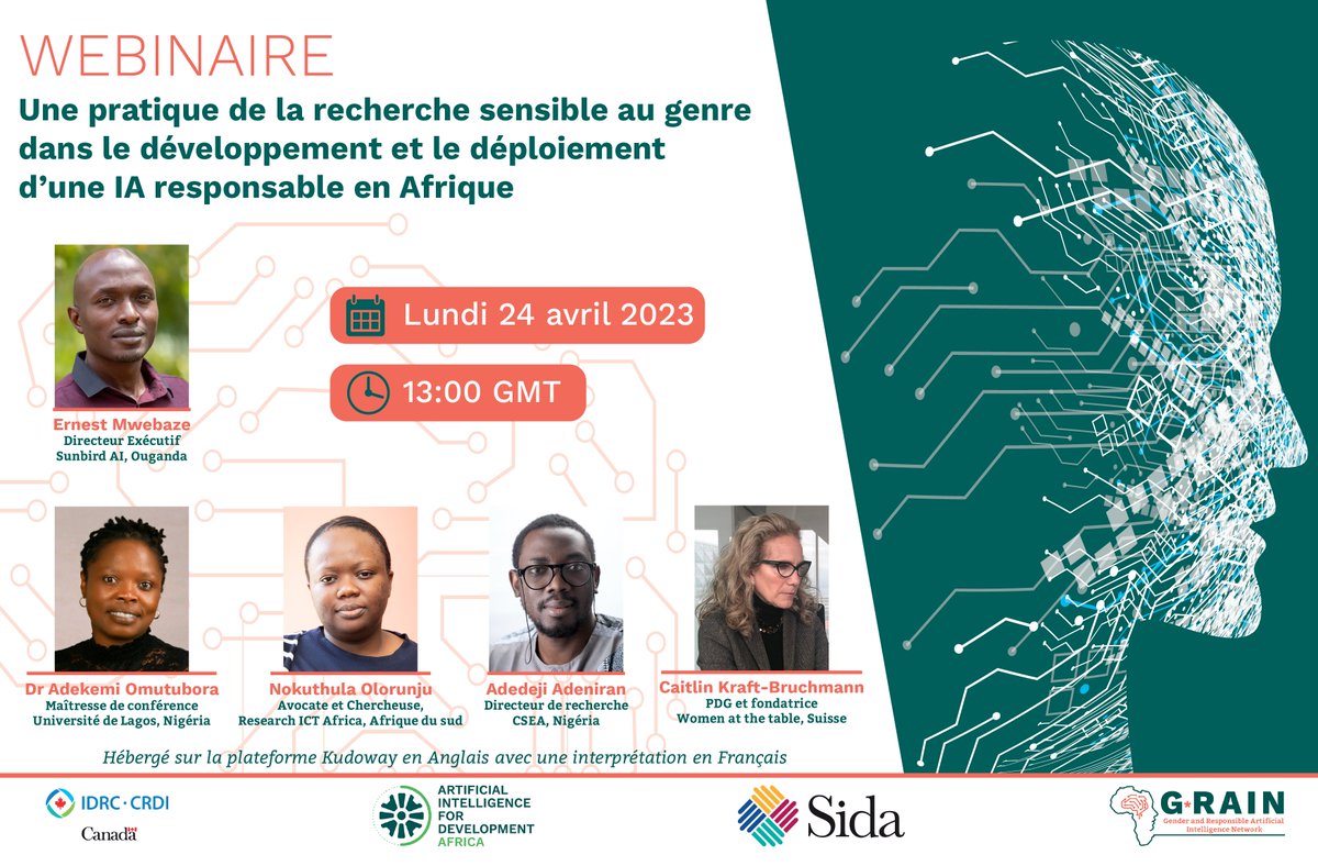 Ne manquez pas notre prochain webinaire sur : "Une pratique de recherche sensible au genre dans le développement et le déploiement d'une IA responsable en Afrique" modéré par <a href="/emwebaze/">Ernest Mwebaze</a>  (ED, <a href="/SunbirdAI/">SunbirdAI</a>) 

📅 Lundi 24 avril 

⏲️1pm GMT sur <a href="/KUDOway/">KUDO</a>

🔗 lnkd.in/eUbzf2St