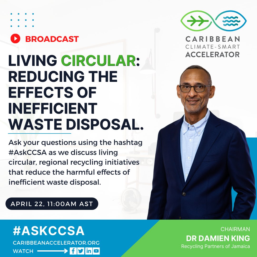 ccs_accelerator's tweet photo. #EarthDay2023 Join us for the broadcast of #AskCCSA as we discuss Living Circular: Reducing the effects of inefficient waste disposal with @DamienWKing, Chairman of @RecyclingJA  

Join us April 22, 11:00AM AST to hear the responses to your questions! https://t.co/lPo9BHpdB6 https://t.co/IhkIy3eEil
