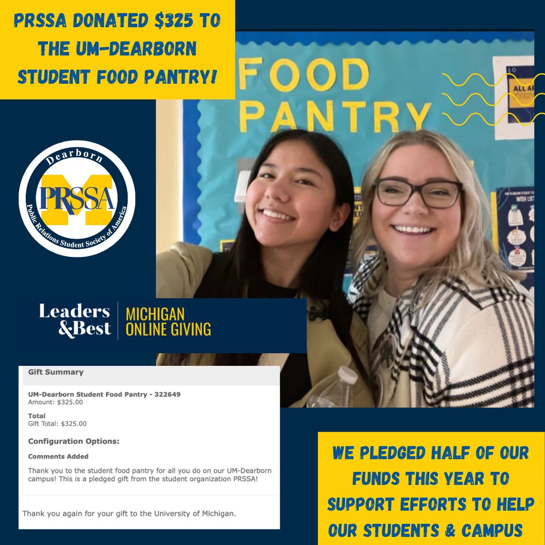 UMDearbornPRSSA's tweet photo. PRSSA pledged half of its fundraised dollars from this year to the student food pantry! 〽️🍴
We donated a total of $325 to the @umdearborn food pantry! Thank you to our student food pantry for helping our students and campus. ❤️
#umdearborn #prssa https://t.co/Kb92dJKXmW