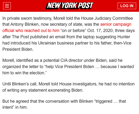 caitoz's tweet photo. After the Hunter Biden laptop leak Tony Blinken called his CIA buddy Mike Morell to make it go away, and Morell has now admitted to cooking up the bogus "Russian disinfo" letter from 51 intel insiders to “help Vice President Biden … because I wanted him to win the election.” https://t.co/sYXuhmteEY
