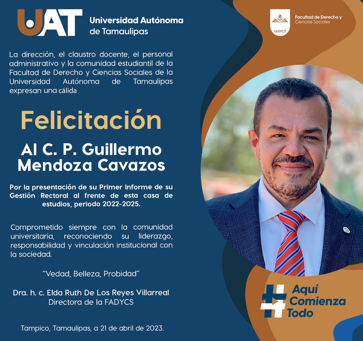 FadycsUat's tweet photo. Felicidades al Rector C. P. Guillermo Mendoza Cavazos por su Primer Informe Rectoral
#UAT #AquíComienzaTodo #TodosSomosUAT https://t.co/x3RMAwRSR0