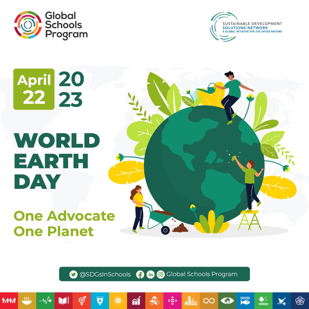 📣Happy #EarthDay, let’s join <a href="/SDGsInSchools/">Global Schools Program</a> to celebrate the Earth and our environment! Investing in our Planet is a call to action. We only have one planet, and it is our responsibility to take care of it so it can also take care of us! #OneAdvocateOnePlanet