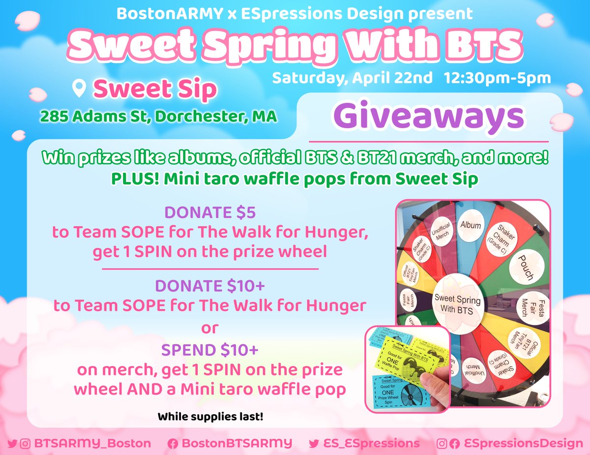 BTSARMY_Boston's tweet photo. #SweetSpringWithBTS 🌸 Giveaways

We have lots of sweet swag 🎁 to give away tomorrow - official &amp; fanmade merch plus mini taro waffle pops made by Sweet Sip!

Donate $5 to #TeamSOPE to get 1 spin on the prize wheel

Donate or spend $10+ to get 1 spin &amp; a waffle pop! https://t.co/BXxlqPeKNE