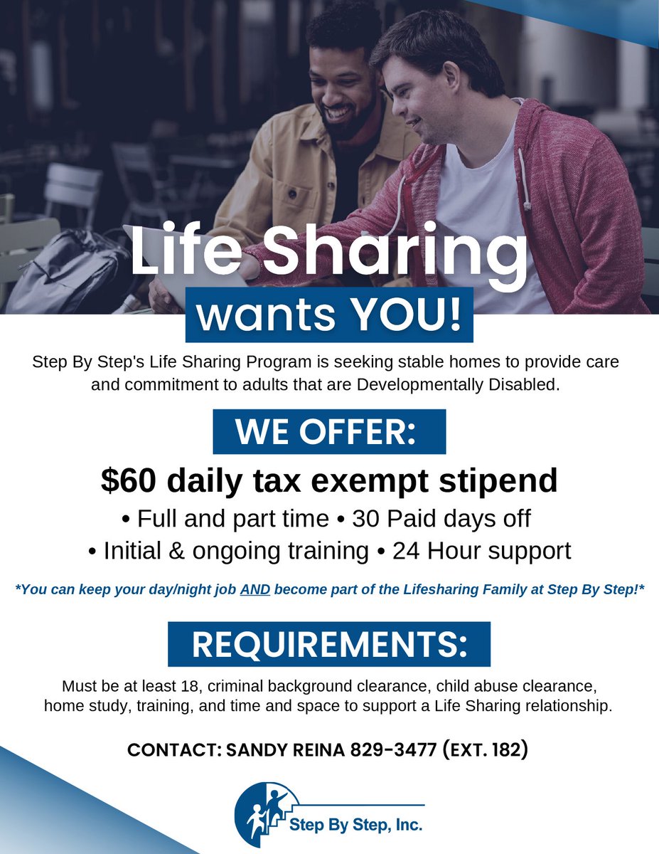 StepByStepUSA's tweet photo. Step By Step's Life Sharing Program is seeking stable homes to provide care and commitment to adults that are developmentally disabled.

For more information, call us at 570-829-3477 ext. 7416, or visit https://t.co/iUhrWfYX1Q https://t.co/FR8H6t4foo