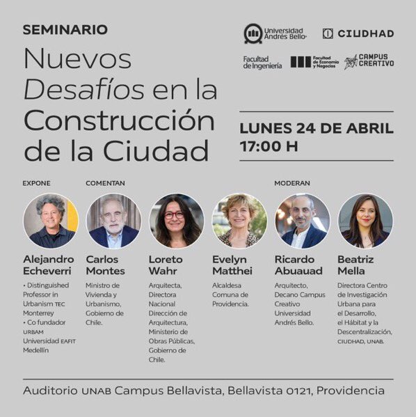 Nuestro profesor <a href="/cachoecheverri/">Alejandro Echeverri</a> participará en “Medellín: dos historias de transformación” youtu.be/CFtLKU9AzZw el próximo lunes 24 en Santiago, con <a href="/loretowahr/">loreto wahr</a> <a href="/Minvu/">MINVU - Chile</a> <a href="/evelynmatthei/">Evelyn Matthei</a> <a href="/beamella/">Beatriz Mella-Lira</a> <a href="/rabuauad/">Ricardo Abuauad</a>
