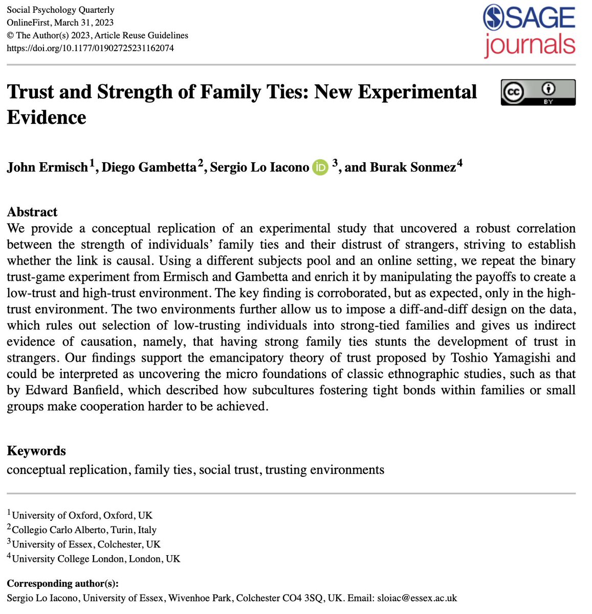 Check out our new OnlineFirst- “Trust and Strength of Family Ties: New Experimental Evidence” by John Ermisch, Diego Gambetta, <a href="/SergioLoIacono1/">Sergio Lo Iacono</a>, and @socioburak in #SPQ! <a href="/ASASocPsych/">Social Psychology Section - ASA</a>

journals.sagepub.com/doi/full/10.11…