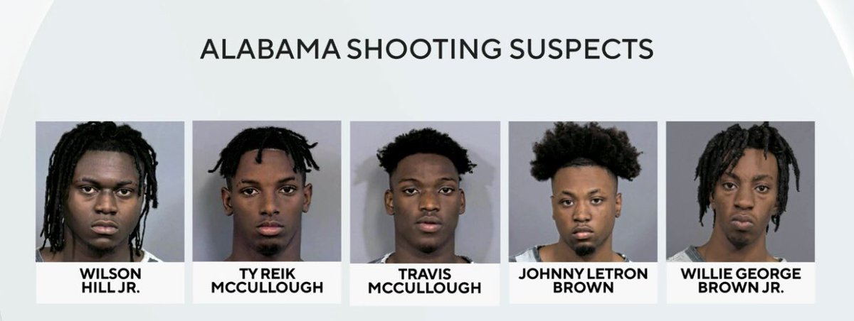 leslibless's tweet photo. First there were TWO - Now there are FIVE arrested for the Dadeville, Alabama shooting that killed 4 and wounded 20 at a birthday party. 
The media is quiet.. Wrong narrative. https://t.co/ji4unon4IW