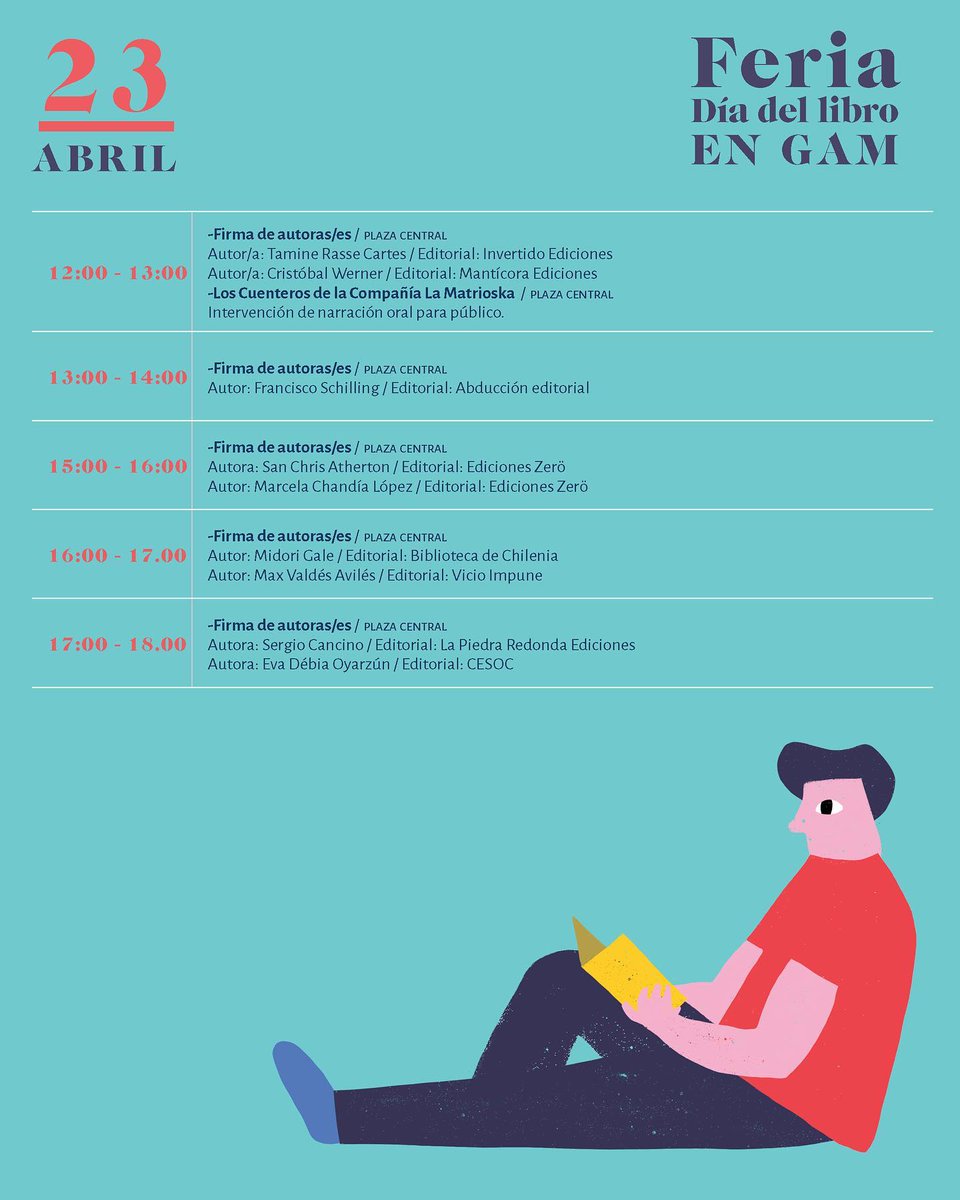 planlectura_cl's tweet photo. Los días 22 y 23 de abril, en el marzo del #MesdelLibro, se realizará la Feria Día del Libro GAM, en la Plaza Central de @centroGAM 

La entrada es liberada, contempla stands y un amplio programa de actividades. Estaremos presentes juntos a la Compañía La Matrioska.
@culturas_cl https://t.co/scsUKT9eCj