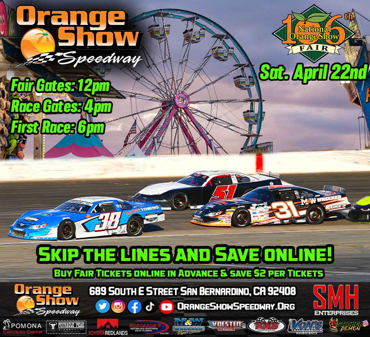 OrangeShowSW's tweet photo. Skip the lines & save $2 per ticket when you buy Fair tickets online: https://t.co/KLdIghm1KU
#OrangeShowSpeedway #sanbernardino #noscenter #route66 #nascar #nascar75๐ท๐ท #socal #motorsports #race #racing #localracing #shorttrack #speedway #NOSFair https://t.co/Is9gJxRgzX