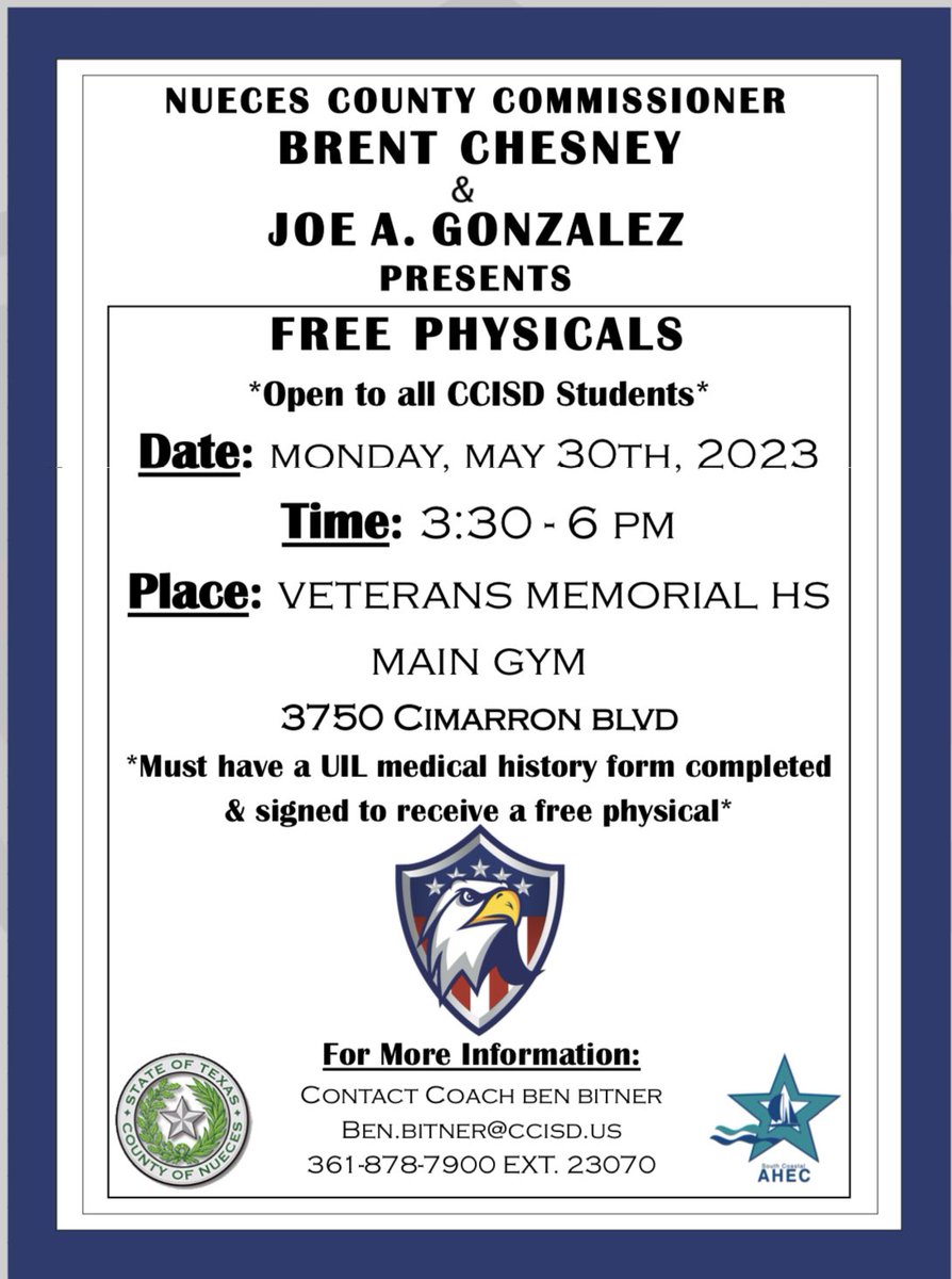 Free Physicals available May 8th and May 30th! Get this item off your to do list before summer starts! #EagleNation #InspireExcellence