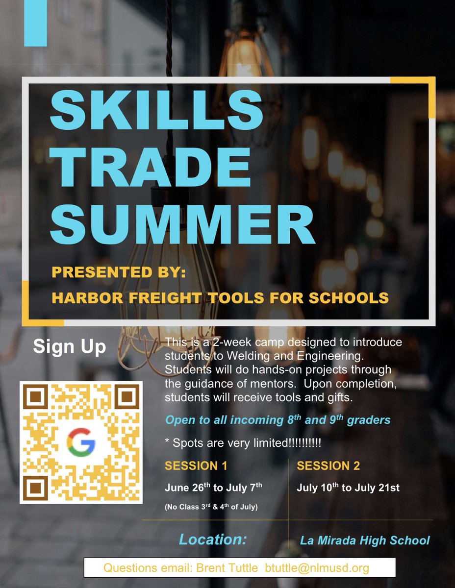 Great opportunity for middle school students.  Spots are limited so get signed up fast.  <a href="/HFTforSchools/">Harbor Freight Tools for Schools</a> <a href="/nlmusd/">Norwalk-La Mirada Unified School District</a> <a href="/LaMiradaBlog/">La Mirada Blog 🕊</a> @LMHSMatadores
