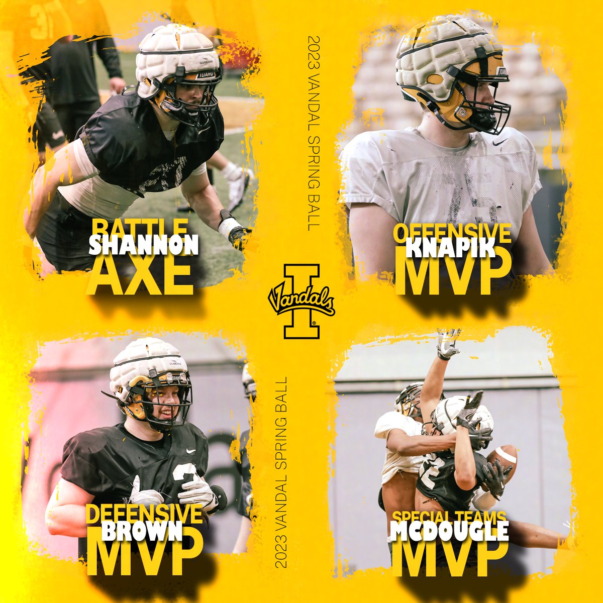 VandalFootball's tweet photo. Practice 10 Awards!

@Shannon26Sully ➡️🪓
@AydenKnapik ➡️ Offensive MVP
@Sam_Brown1113 ➡️ Defensive MVP
@DwayneMcdougle ➡️ Special Teams MVP

#GoVandals https://t.co/pQ2mpbkoiM