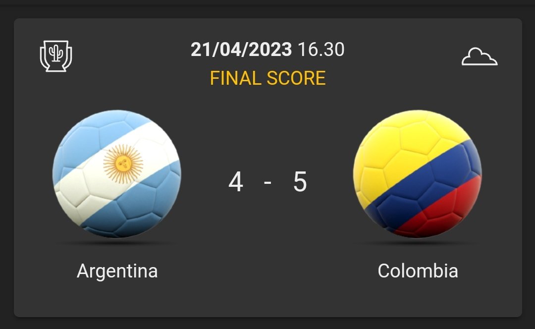 VAMOOOOOOOOOOOS!!!!!!!!!!!!!
Nuestra Selección #Colombia ha vencido en condición de visitante al vigente CAMPEÓN DEL MUNDO por la @Hattrick's #America's Cup. ¡TREMENDO! #VamosSelección #SelecciónColombia #Argentina #Muchachos #CopaAmérica #LetsPlayHattrick