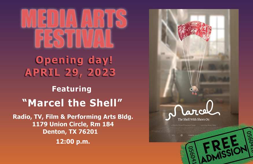 MediaArtsFest's tweet photo. The Media Arts Festival will be opening with the screening of Marcel the Shell at 12 pm in RTFP 184 on Saturday, April 29, 2023.

Following at 3 pm with the screening of student works.

Hope to see you there! https://t.co/gx0OB2TZx0