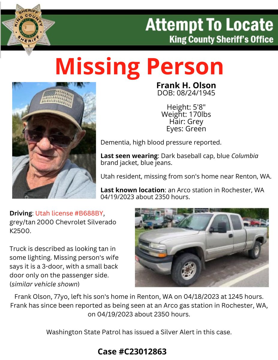 kingcosoPIO's tweet image. Detectives need the public&apos;s help in locating missing 77yo Frank Olson.

Frank left Renton, WA on Tuesday 4/18 &amp;amp; was reported last seen in Rochester, WA, on Wednesday 4/19.

If you have info related to this case call our Communications Center at 206-296-3311. If located call 911.
