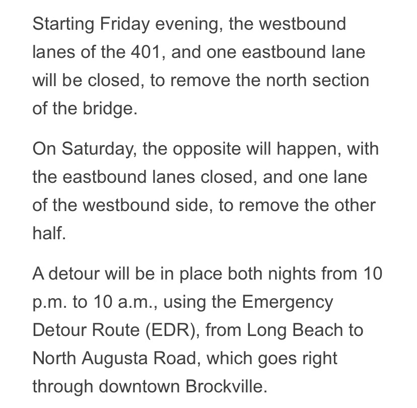 OPP East Region (@opp_er) on Twitter photo #LeedsOPP Reminder Highway 401 closure and detour (EDR) tonight for bridge removal at Hallecks Road <a href="/BrockvilleON/">City of Brockville</a>
Please allow extra time for travel and expect delays ^nc
<a href="/BPS_News/">Brockville Police Service</a> <a href="/OPP_COMM_ER/">OPPCommunicationsER</a> <a href="/ONtransport/">Ontario Ministry of Transportation</a> <a href="/511ONEastern/">511OntarioEastern</a> #LeedsOPP Reminder Highway 401 closure and detour (EDR) tonight for bridge removal at Hallecks Road <a href="/BrockvilleON/">City of Brockville</a>
Please allow extra time for travel and expect delays ^nc
<a href="/BPS_News/">Brockville Police Service</a> <a href="/OPP_COMM_ER/">OPPCommunicationsER</a> <a href="/ONtransport/">Ontario Ministry of Transportation</a> <a href="/511ONEastern/">511OntarioEastern</a>
