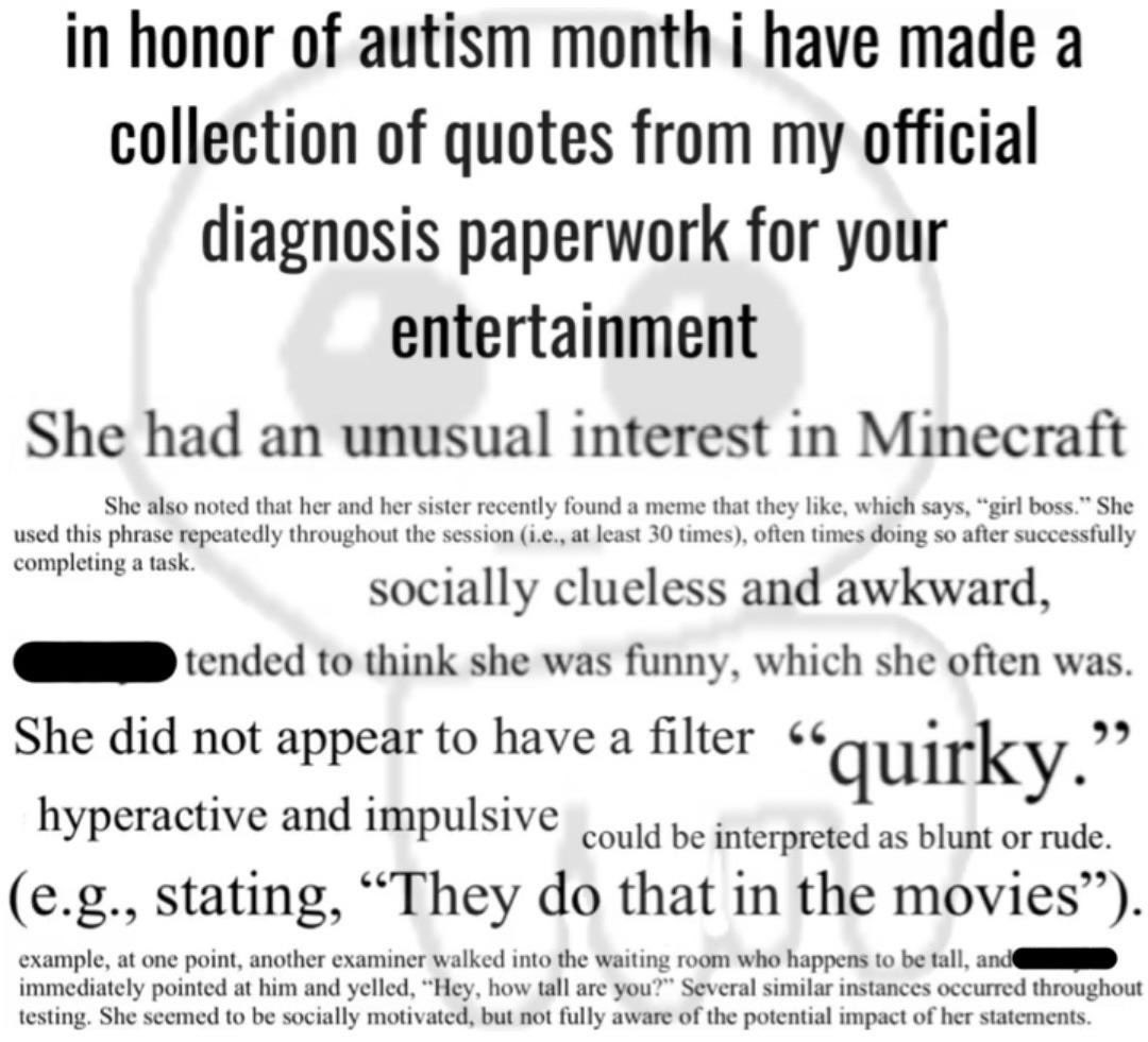wizardsofautism's tweet photo. Someone on Reddit made a collage of their Autism assessment observations quotes and I cannot stop laughing. https://t.co/ONgb51cNVa