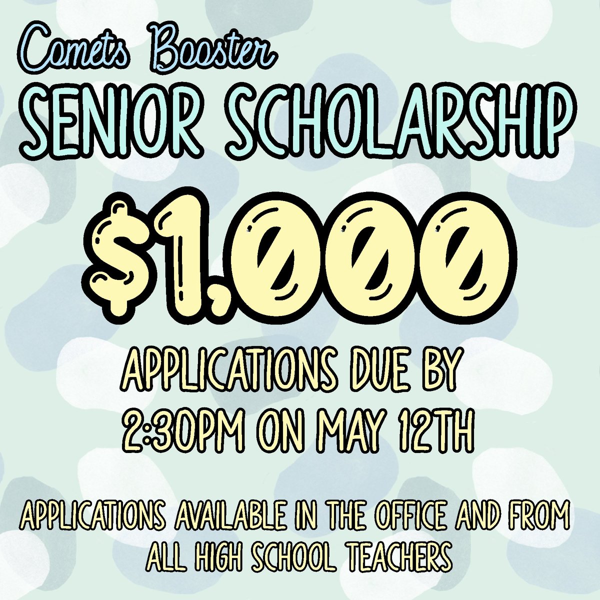 CometsBooster's tweet photo. Our Comets Booster's annual Senior Scholarship is now available for college bound senior students of KCS. 

Email the Comets Booster scholarship committee members to ask for an electronic copy to print at home:
Bridget Burton (bburton@kcsmn.org)
Carrie Lynch (clynch@kcsmn.org) https://t.co/uM5G7W3obD