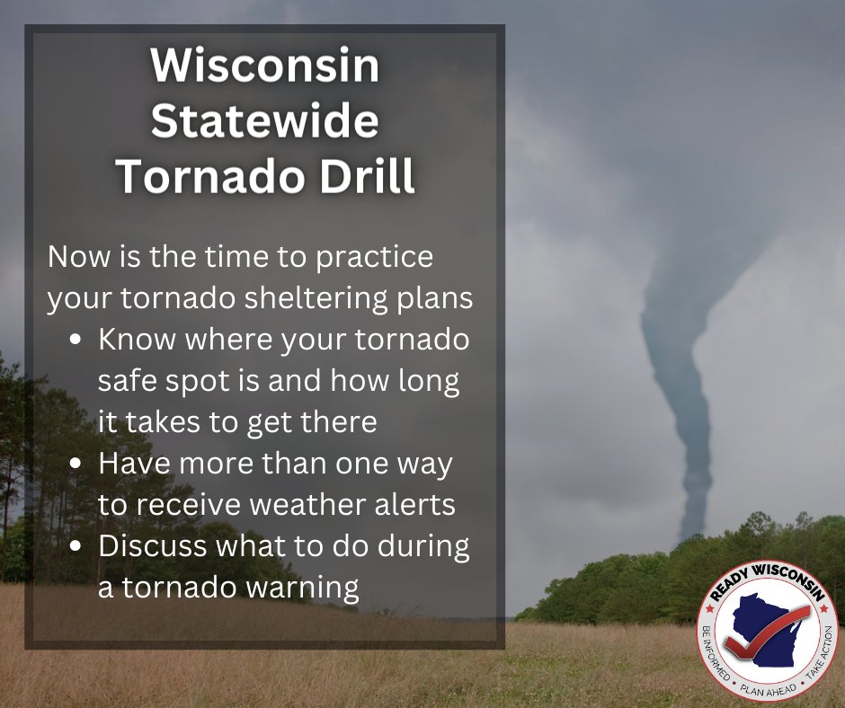 ReadyWisconsin's tweet photo. The second statewide tornado drill is happening now!
Know where your tornado safe spot is located and how long it takes to get there if it is not inside your home.
Learn more about tornado safety: https://t.co/LICt5mLEIR
#ReadyWI #wiwx https://t.co/yZyTKJsuqI