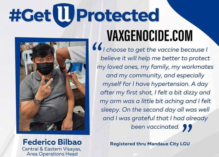 DiedSuddenly_'s tweet photo. “I choose to get the vaccine because I
believe it will help me better to protect my loved ones, my family, my workmates and my community, and especially myself for I have hypertension.”

Poor soul who was used in a vaccine propaganda poster #diedsuddenly 

Cause of death: Unknown 💉
