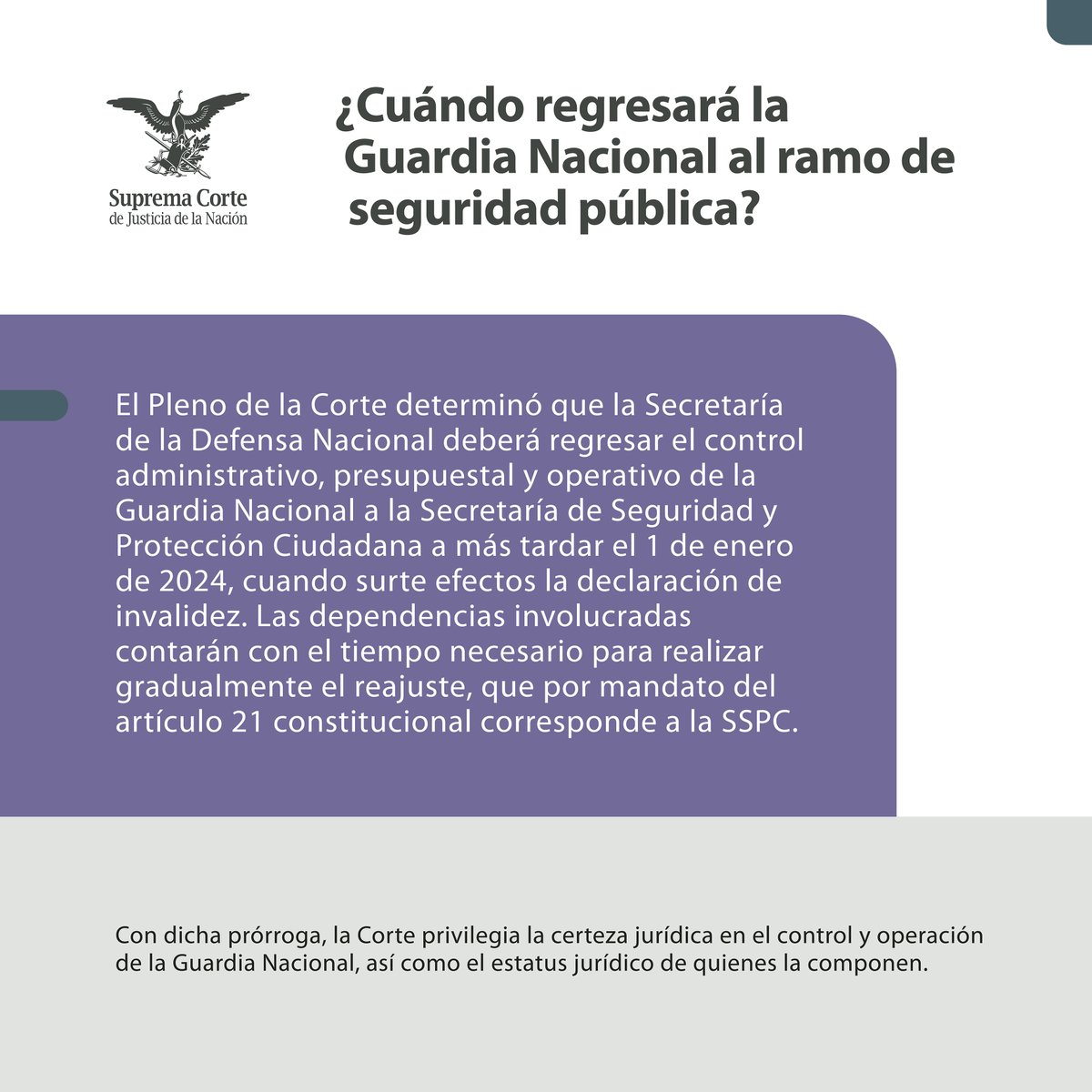 SCJN's tweet photo. El Pleno de #LaCorte determinó que a más tardar el 1 de enero de 2024, el control administrativo, presupuestal y operativo de la #GuardiaNacional debe regresar a la Secretaría de Seguridad y Protección Ciudadana.
¿Sabes por qué? Conócelo ⬇️ https://t.co/9tuB3de7At