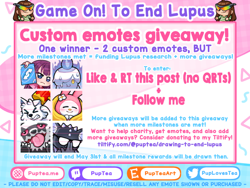 💜EMOTE GIVEAWAY! (For Game On! To End Lupus)💜

I'm raising money to help research and bring awareness to Lupus in May, but we already reached the $100 milestone: 2 emotes for 1 winner!

💜To enter:💜
🟣Like + Retweet this post (no QRTs)
🟣Follow me

💜More info⬇️Ends May 31st💜