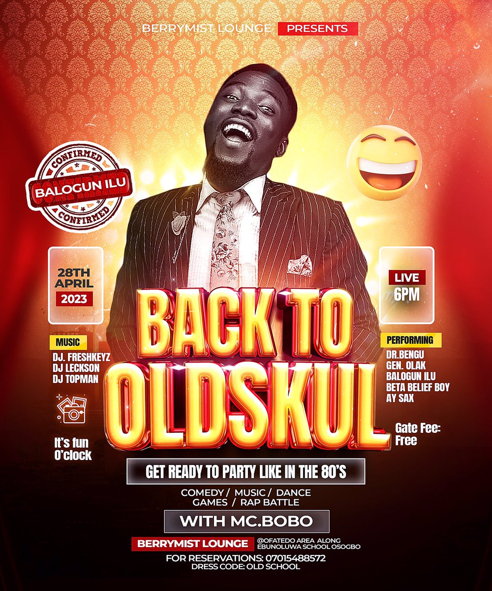 _Mcbobo's tweet photo. BALOGUN ILU will be performing Live!!!!! at BACK TO OLDSKUL with The Most Versatile Mc Bobo
Do not miss it!
#PremiumFunisAssured
#backtooldskulwithmcbobo
#insideosogbo #osogboconnect #osuneventindustry #mcbobo #versatilemcbobo #afrotradfestival2022 #berrymistlounge https://t.co/GZ7xqtUJ3u
