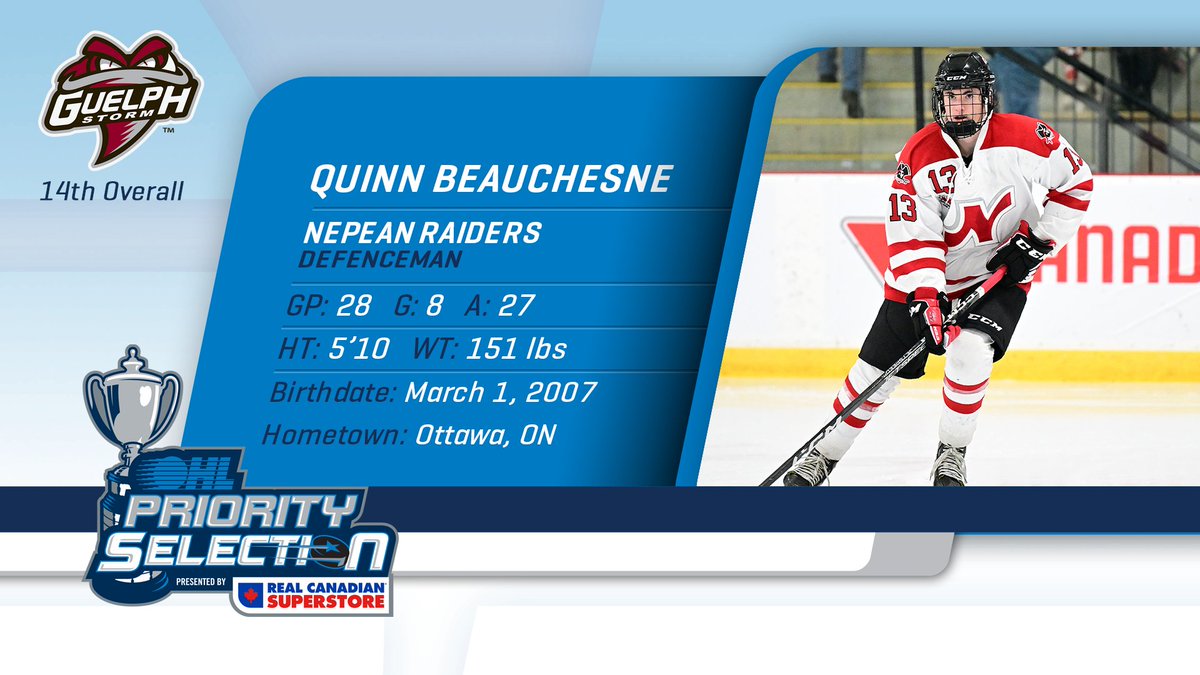 Congrats Quinn Beauchesne!

<a href="/Storm_City/">Guelph Storm</a> selects the @RaidersU18AAA defenceman and @HEOU18AAA Top Prospect with the 14th overall pick of the 2023 #OHLDraft. bit.ly/3H0AfuT