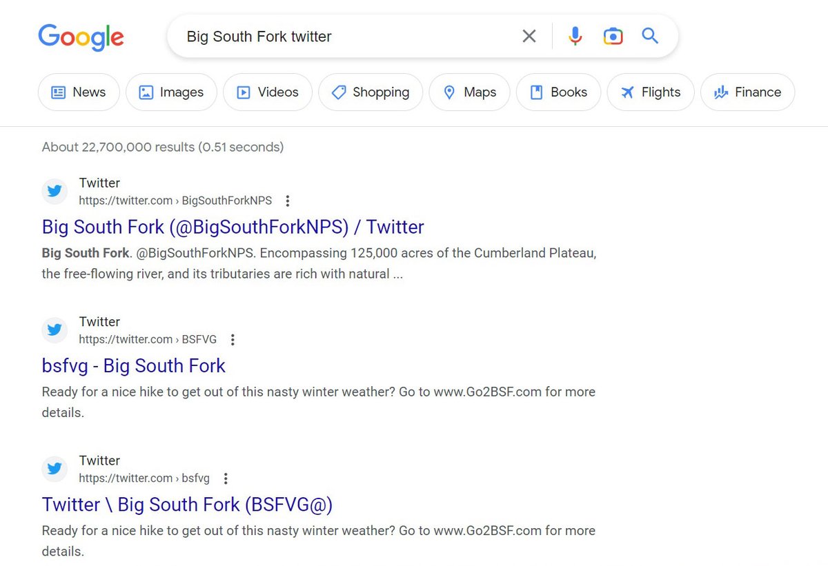 BigSouthForkNPS's tweet photo. Google's search engine optimization also has its own safeguards in place. So, if you Google the agency's name + Twitter to fact check the account, it tends to favor the actual non-bot accounts AND the agency website might appear (but not always). https://t.co/c7SE0S5amU