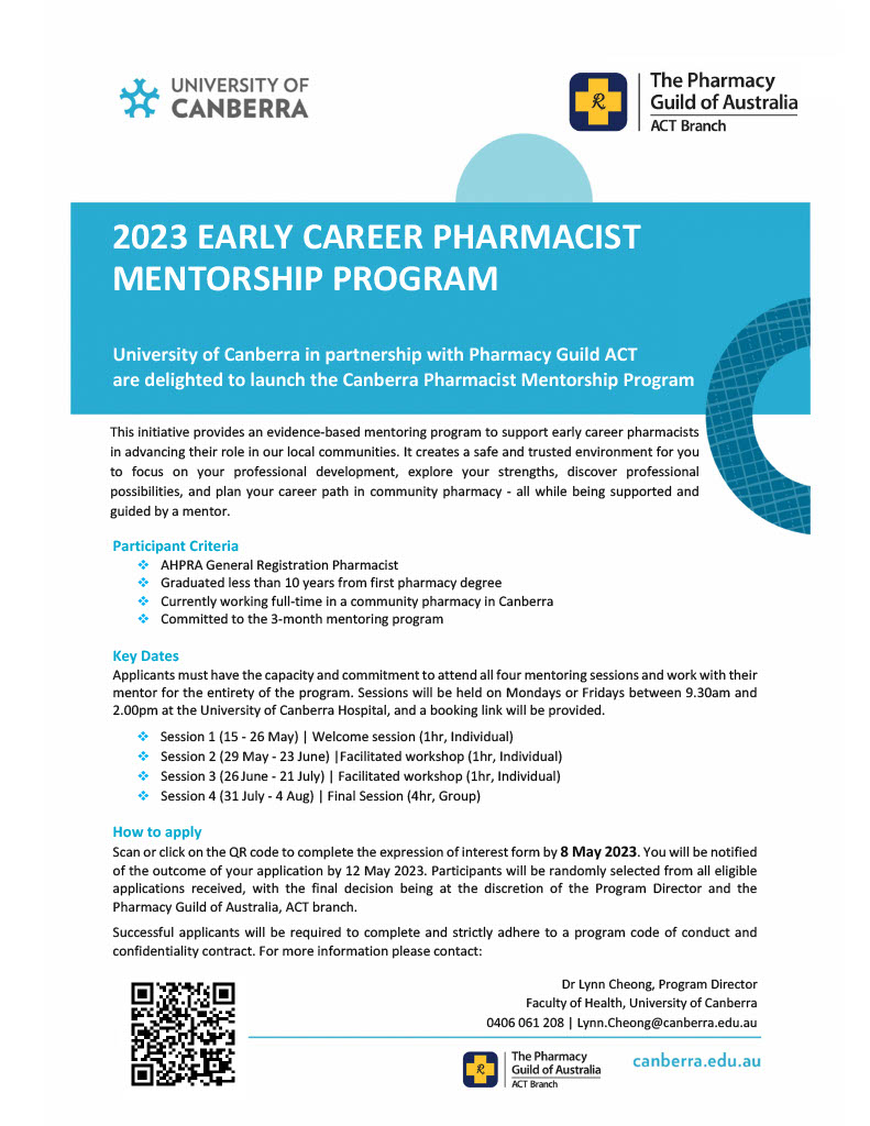 Are you an Early Career Pharmacist currently working full-time in a community pharmacy in Canberra? If so, don't miss out - sign up for the upcoming Pharmacist Mentorship Program! Scan the QR Code or click here to register! uoc.syd1.qualtrics.com/jfe/form/SV_bJ…