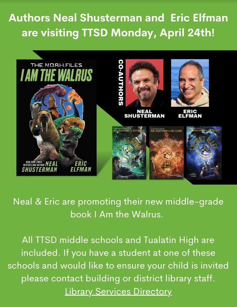 TigardTualSD's tweet photo. Authors Neal Shusterman and Eric Elfman are visiting TTSD Monday, April 24th!

Contact your building's library staff for more details. https://t.co/HNPhiB0NEd