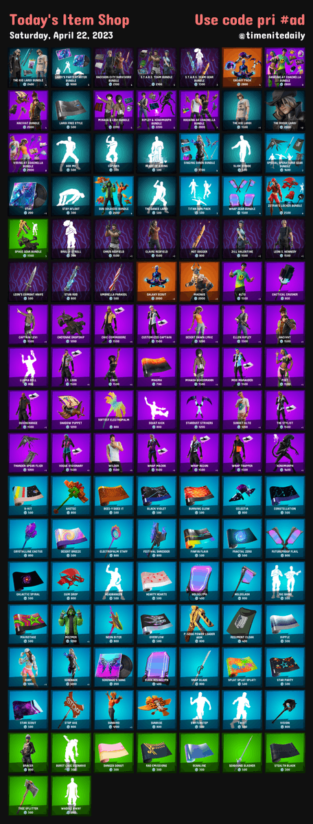 timenitedaily's tweet photo. 🌤 Today's Item Shop on #Fortnite
📅 Saturday, April 22, 2023
 
🌟 Use code pri to support #EpicPartner https://t.co/m1X6IdrFz0