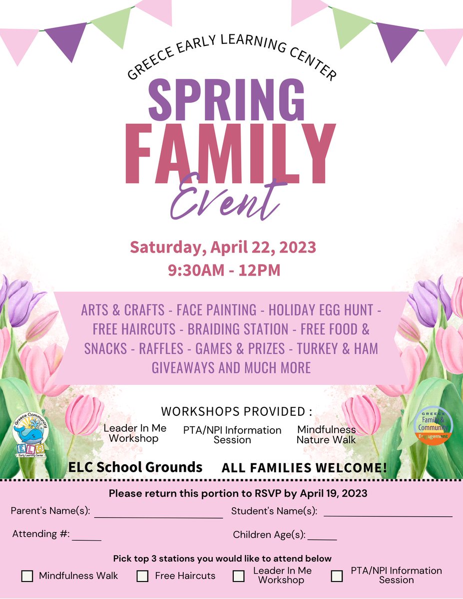 ShannonCHeller's tweet photo. Looking forward to seeing all of our ELC families at tomorrow’s Spring Family Fun event! Doors open at 9:40 a.m. Can’t wait!! 💈🍖🌷🥚🐳🌼🍩🎨 @GreeceELC @GreeceCentral https://t.co/6BnPSCRzje