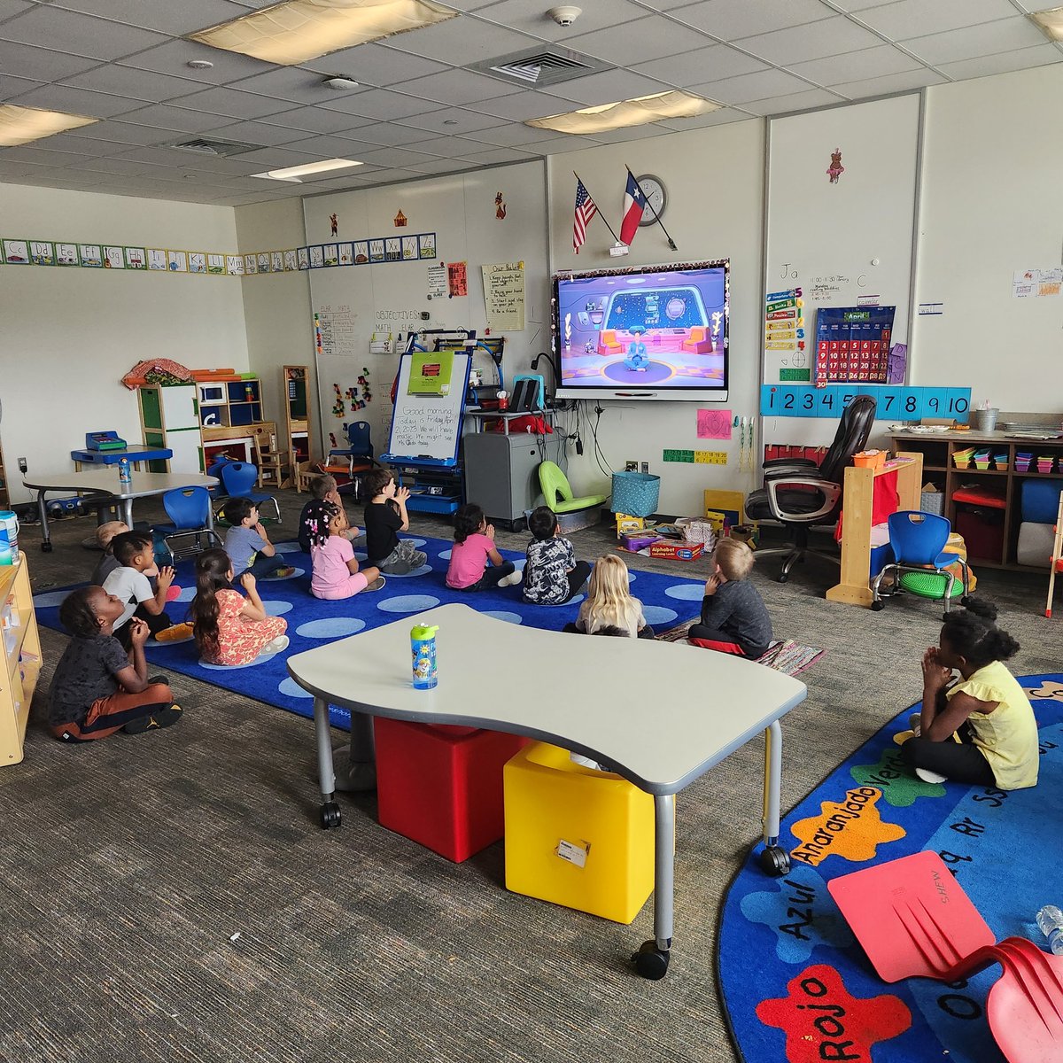 We were unable to have recess outside because of rain last night,  so we did some Cosmic Kids yoga this afternoon.  They love it! *namaste* #JESchat