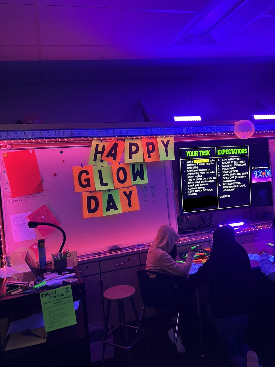 EAHallMS's tweet photo. Students in Mr. Palmerin's class had a Glow Math Review Day today!! Students reviewed different math topics they learned this year in the dark! They had a great time reviewing and practicing their math skills while having FUN! https://t.co/jUGgZm1grz