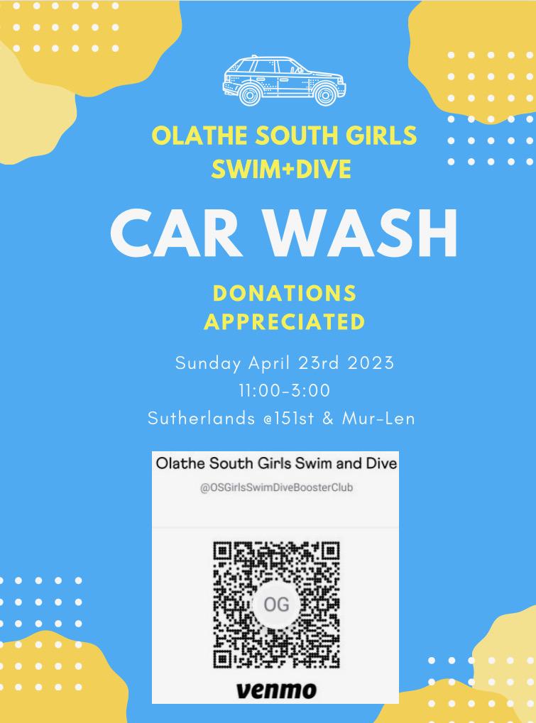 OSGirlsSwimDive's tweet photo. 🚨 Car Wash Fundraiser 🚨

Cars, Trucks, Vans, RVs...we'll wash 'em all!!

📅 Sun. 4/23
⏰️11AM - 3PM
📍Sutherlands (151 &amp; Mur-Len)

If you can't make it but would like to donate; venmo: OSGirlsSwimDiveBoosterClub

@ADAthleticsOS @OlatheSouthHS @OS_BirdHouse @ADJohnsonOPS233 https://t.co/qpZUydu7co