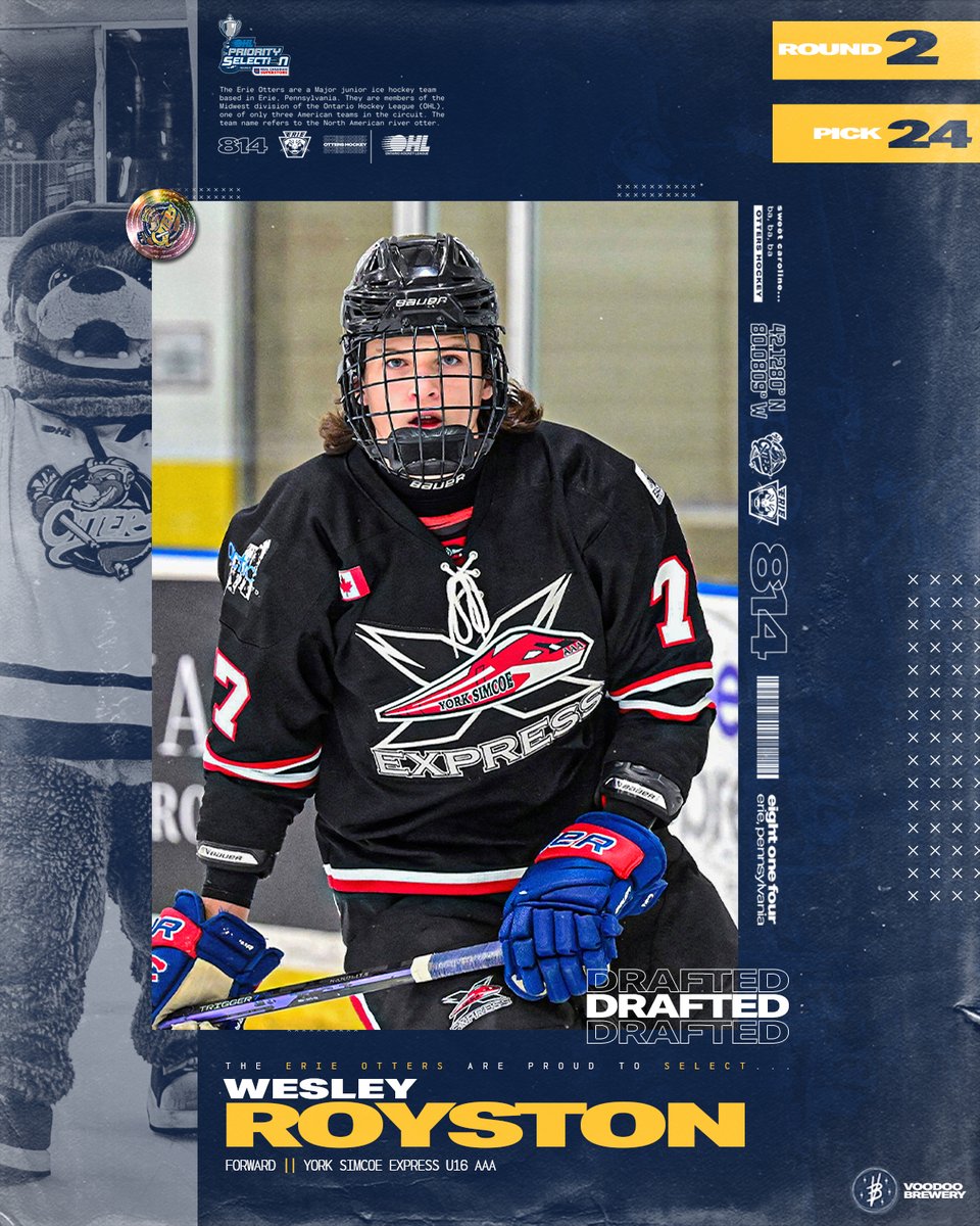 With the 24th pick in the 2023 @ohlhockey Priority Selection Draft, the Erie Otters select <a href="/YSExpress/">York Simcoe Express</a> forward Wesley Royston! Welcome to Erie!

@voodoobrewery Draft Weekend | #OHLDraft