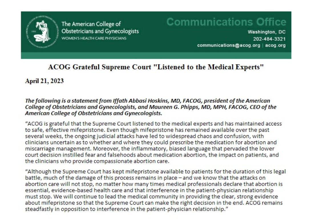 acog's tweet photo. #SCOTUS has maintained access to mifepristone, a safe and effective medication. Attacks on abortion care, which is essential, evidence-based health care, must stop. ACOG will continue to provide the clear, strong evidence about mifepristone. Our statement: https://t.co/xwJmIX5IUp https://t.co/c8eIQ2k5Le