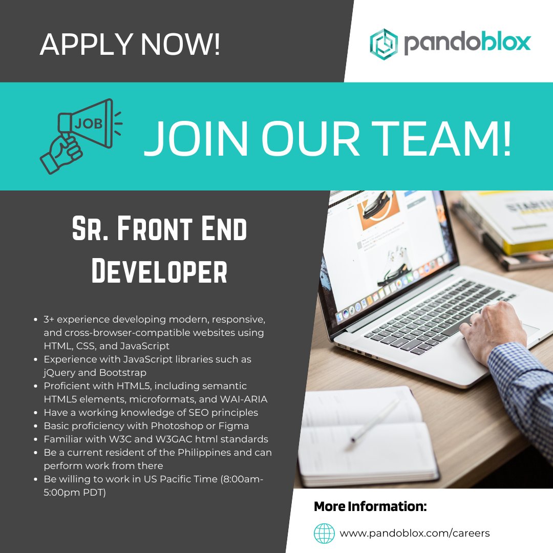pandoblox's tweet photo. We're looking for a Sr. Front End Developer to join our team.
Click to apply: https://t.co/7fONAiewoD
Visit our website: https://t.co/lkC6bqCTAO
#PandobloxCareers #PandobloxHiring #jobsearch #jobopening #nowhiring #careers #jobhunt2023 #recruiting #SrFrontEndDev #WordPress https://t.co/yL2CgEk77x