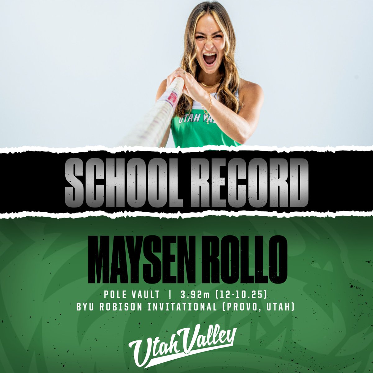 UVUtfxc's tweet photo. SCHOOL RECORD ALERT!

Maysen Rollo broke her own school pole vault record on Friday at the Robison Invitational, hitting 3.92 meters which is also a WAC season best entering this week's competitions.

#GoUVU #UVU #NCAAtf #WACtf https://t.co/25mfI9eWl2