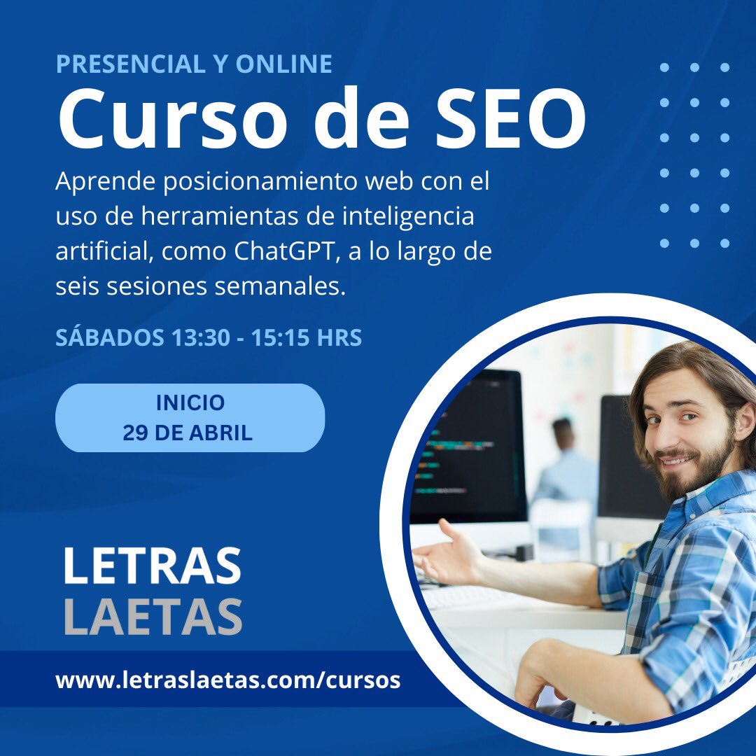 Aprende los mejores #prompts de #ChatGPT para impulsar el #posicionamientoweb de tu sitio. Nuestro #cursodeSEO ya está actualizado con las tendencias y buenas prácticas de este #2023. 
Más info:  bit.ly/3N7Ij0D