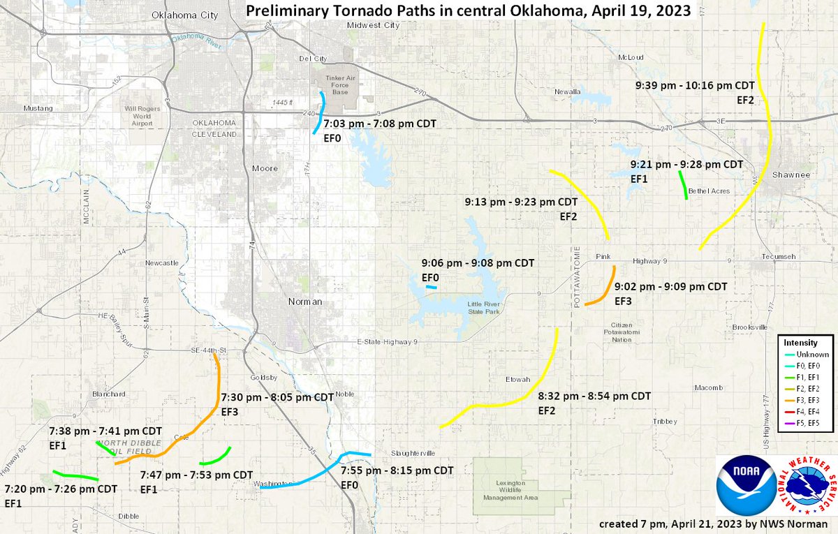Damage survey crews were hard at work again today. We have now confirmed 12 tornadoes in central Oklahoma from Wednesday evening's storms. Two tornadoes have been rated EF3 (Cole &amp; south of Pink). Investigations will continue with these &amp; in other areas of central Oklahoma. #okwx
