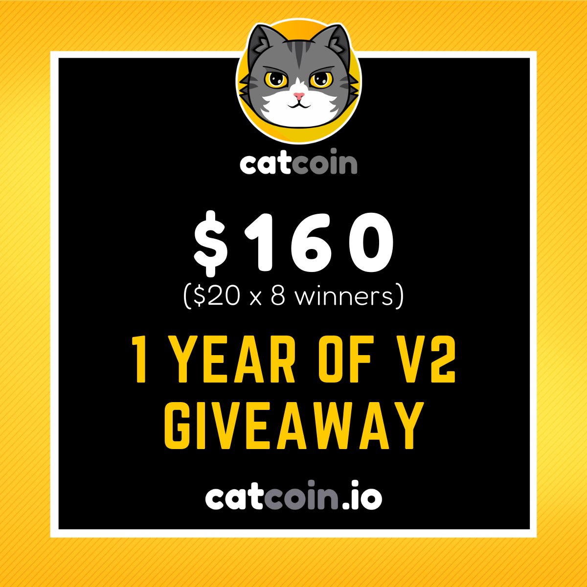 Official Catcoin (@officialcatcoin) on Twitter photo $160 V2 #Giveaway
In celebration of our 1 year milestone to a better and safer contract, 8 winners will get $20 BUSD!
• Follow <a href="/officialcatcoin/">Official Catcoin</a>
• Retweet
• And comment #Catcoin #BUSD #giveaway
Ends April 24th at 12am UTC $160 V2 #Giveaway
In celebration of our 1 year milestone to a better and safer contract, 8 winners will get $20 BUSD!
• Follow <a href="/officialcatcoin/">Official Catcoin</a>
• Retweet
• And comment #Catcoin #BUSD #giveaway
Ends April 24th at 12am UTC