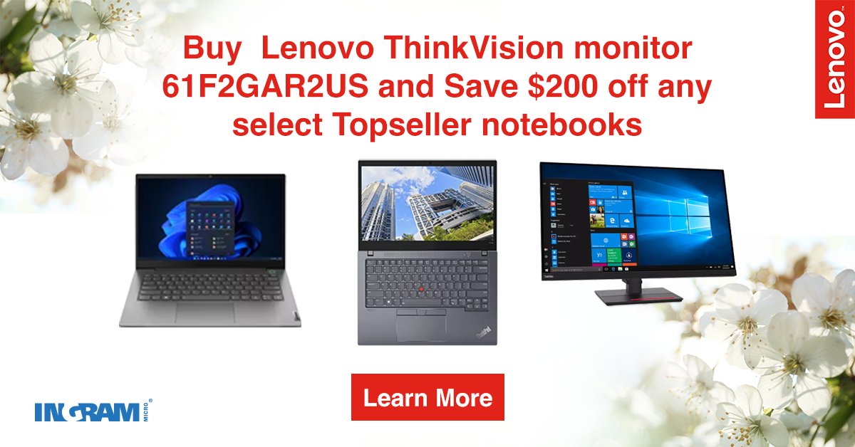 IngramMicroCA's tweet image. Shop now and save on select Topseller Lenovo notebooks built with innovation, reliability and affordability to meet all your needs.

All you need do is buy #Lenovo #ThinkVision monitor 61F2GAR2US &amp;amp; save $200 off select notebooks. Start here: bit.ly/3A6mNBQ

#IngramMicro
