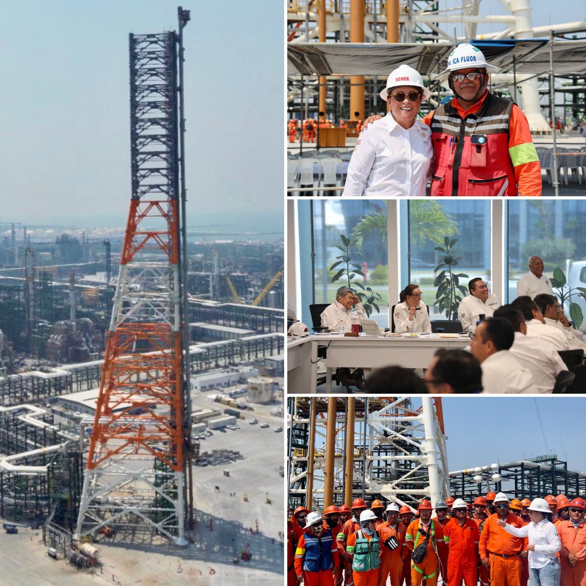 rocionahle's tweet photo. La torre de desfogue en la refinería Olmeca de @Pemex mide 180 metros de alto , se han colocado con una exactitud milimétrica el ensamble de la tubería. 

Trabajo de altura con un gran riesgo que llevaron a cabo trabajadores mexicanos en su integración con total éxito. 👏👏🇲🇽 https://t.co/f0K66gO4TT